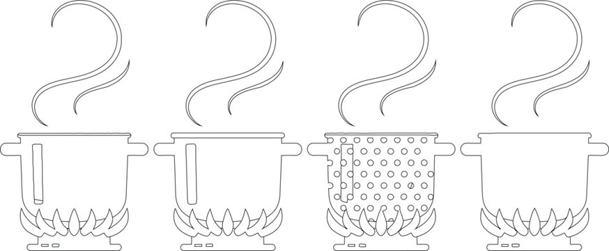 Line Art Illustration of Four Cooking Pots on Flames, One a Strainer, with Steam