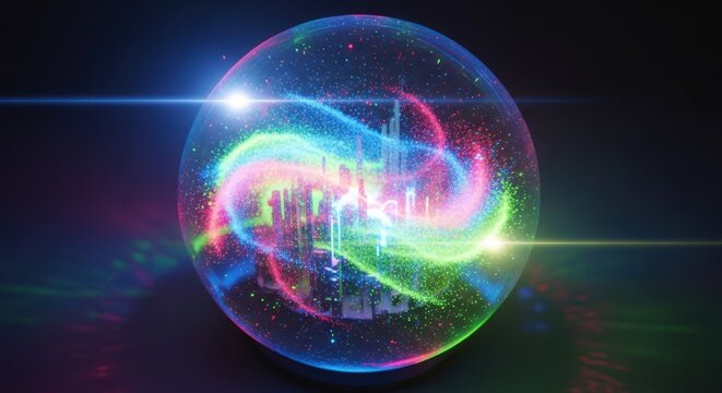 Glowing crystal sphere captures swirling neon cosmic energy and abstract urban forms - Powered by Adobe
