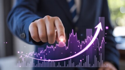 Business professional interacts with an upward trending financial growth chart displayed digitally
