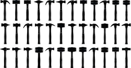 Hammer tool silhouette set featuring various types including claw, sledge, ball-peen, and cross-peen hammers black vector collection for construction, carpentry, repair, and workshop design.