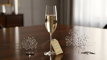 An elegant flute of sparkling champagne with a 'Happy New Year' tag, set on a wooden table for a festive celebration