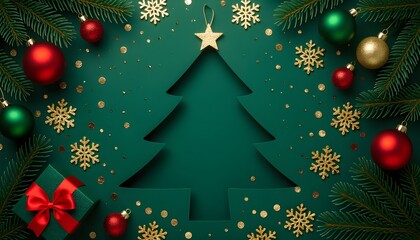 Modern Christmas composition with an abstract tree shape filled with traditional red and gold decorations and a gift, ideal for holiday banners, greeting cards, or social media posts. 