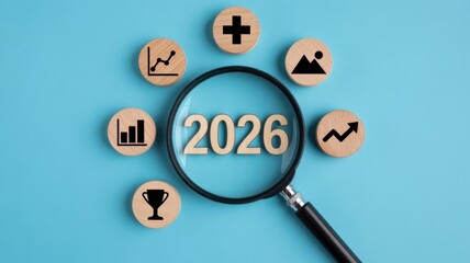 Wooden blocks displaying the year 2026 are magnified by a black handled lens surrounded by small wooden tokens with business icons against a bright blue surface.