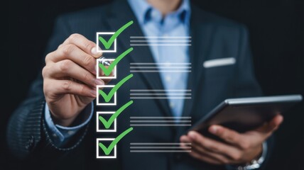 Business professional marks items complete on a digital checklist displayed against a dark background