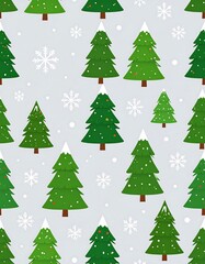 Repeating pattern of Christmas trees and snowflakes on a grey background