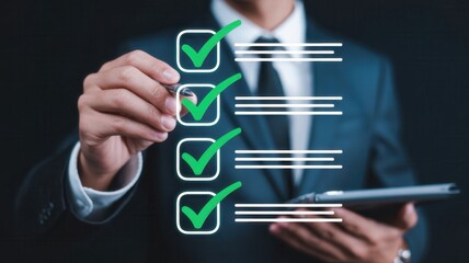 Businessperson confirms successful completion of tasks on a digital checklist