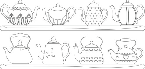 Line Art of Decorative Teapots Arranged on Two Shelves, Ready for Coloring or Design Projects