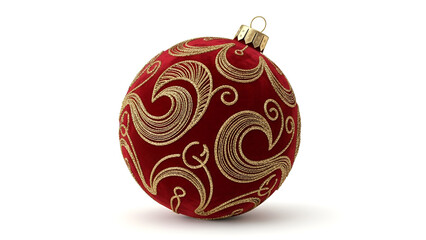 An ornate red velvet Christmas bauble with an intricate gold glitter swirl pattern, isolated on a clean white background for holiday decoration