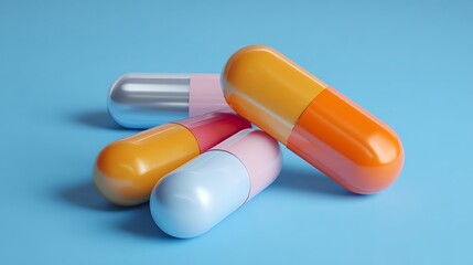 Colorful Pill Capsules on Blue Background for Health and Wellness Concepts