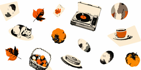 Cozy autumn still life illustration with cat vinyl player and fall elements