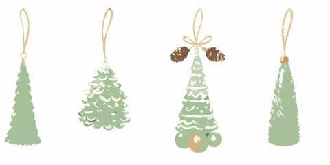 Hand drawn christmas tree ornaments in pastel green and beige