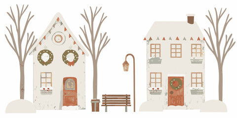 Cozy winter village scene with decorated houses and snow