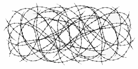Tangled barbed wire fence on white background security and restriction concept