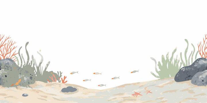 Watercolor ocean floor scene with fish seaweed and starfish decoration