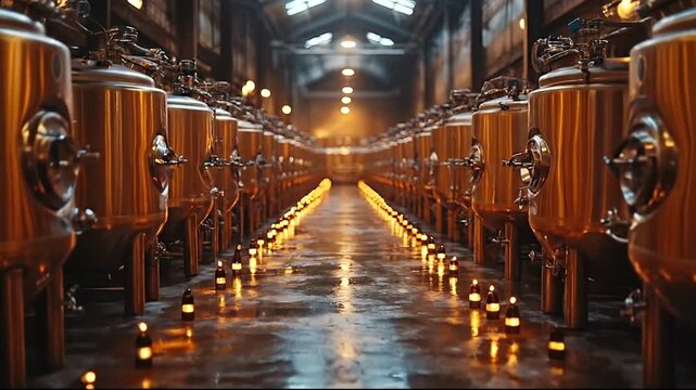 Industrial brewery interior with brewing tanks and lights