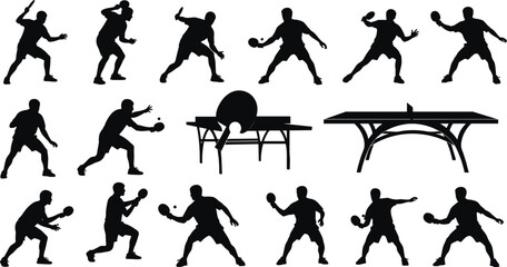 Table Tennis Player Silhouette Set featuring men performing forehand, backhand, serve, and smash shots with ping pong table black vector collection for sport, competition, and fitness design..eps