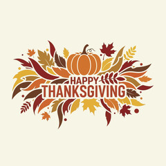 Happy Thanksgiving Pumpkin and Autumn Leaves Illustration.