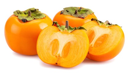 Several ripe orange fruit, cut and whole, against white backdrop