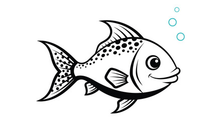 A cheerful black and white cartoon fish with a happy smile and unique spotted patterns swims playfully, accompanied by rising blue bubbles, ideal for kids' content.
