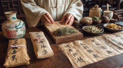 Traditional Herbal Remedies and Ancient Chinese Manuscripts on Wooden Table with Medicinal Ingredients Displayed