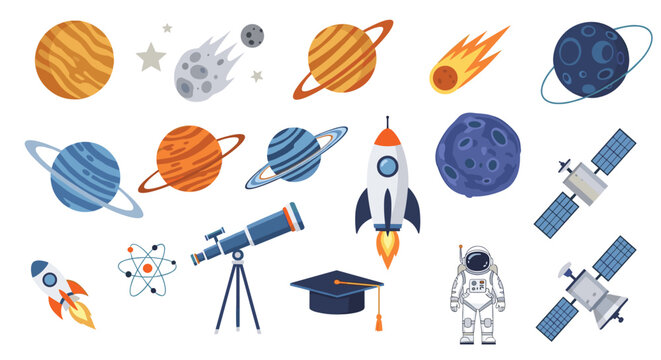 A vibrant collection of space and astronomy-themed illustrations featuring planets, rockets, satellites, and an astronaut, perfect for educational content.