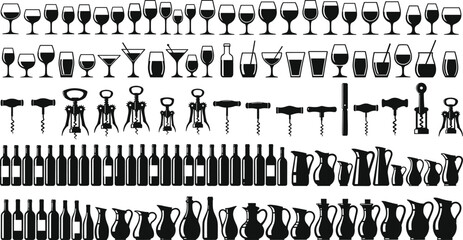  Wine glass, cocktail, corkscrew, bottle, and pitcher silhouette set featuring bar and kitchen tools, alcohol containers, and beverage serving items black vector collection for restaurant and drink de