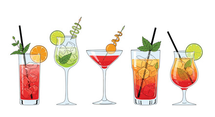 A vibrant collection of five refreshing and colorful cocktails with various garnishes, ice, and straws, perfect for summer parties.