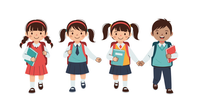 Four diverse elementary school children, three girls and one boy, walk together while holding hands, carrying books and backpacks, ready for a day of learning. - Powered by Adobe