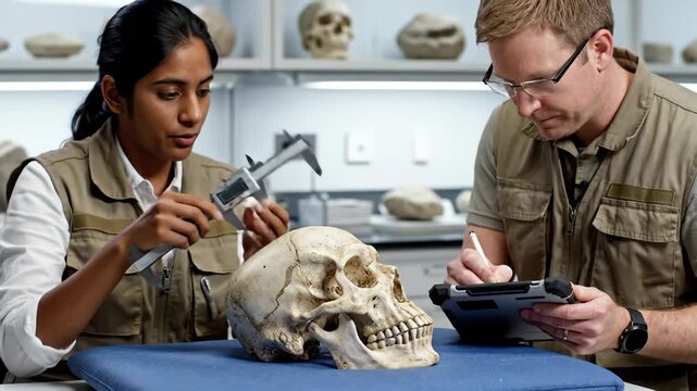 Archaeologists Measuring Skull With Calipers and Taking Notes in Laboratory