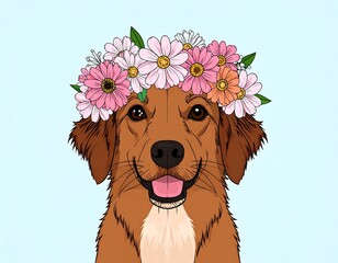 Smiling brown canine wearing a floral crown, on light blue background