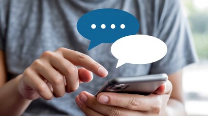 Person interacts with modern handheld device displaying overlaid communication symbols