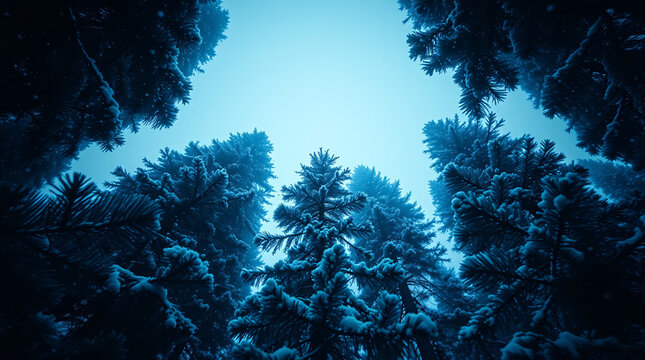 Towering Blue Guardians: Extreme Low-Angle View Up Through Dark, Snow-Covered Pine Trees, Creating a Symmetrical Frame Against a Bright Cyan Sky and Evoking a Sense of Awe.