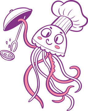 Cartoon jellyfish chef with a chef hat and cooking utensil food kitchen