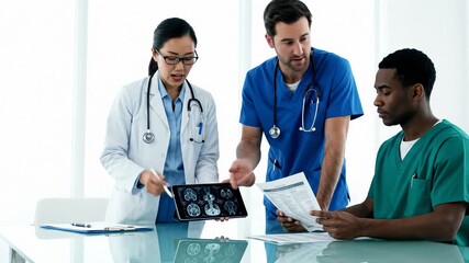 Medical Team Discussing Patient Scan Results on Tablet and Document - Powered by Adobe