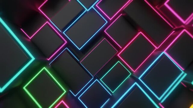 Slow cinematic zoom toward a cluster of rectangle neon colored abstract pieces arranged in a grid layout