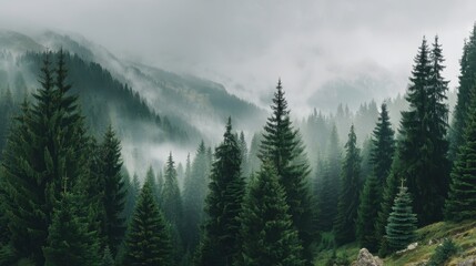 Fototapeta premium Serene Misty Forest Landscape with Pine Trees and Rolling Hills in a Calm Natural Environment