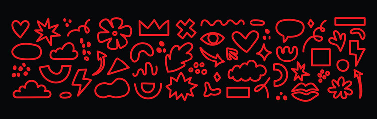 Abstract organic element set. Hand drawn sketch doodle scribble  brush geometric figure shape black background. Abstract arrow, circle, zigzag elements. Vector illustration