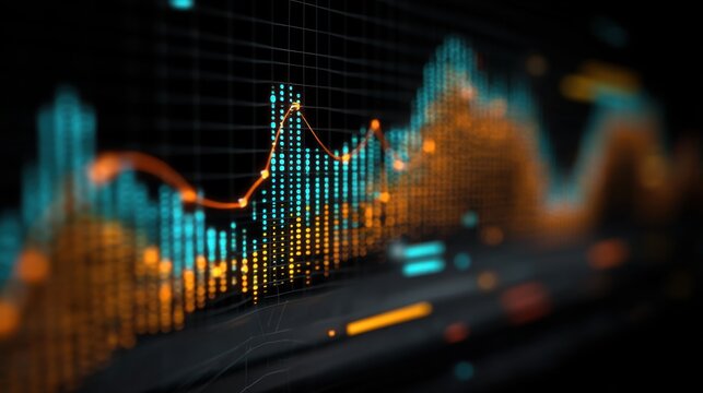 Vibrant Digital Data Visualization with Colorful Graphs and Charts on Dark Background for Financial Analysis and Reporting