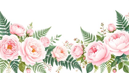 Soft pink roses and green ferns create a delicate floral border