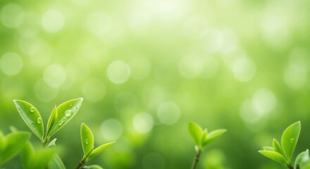 Naklejka premium Vibrant Green Growth: Close-up of verdant leaves with water droplets glistens in the soft light of a sunny day, with a beautiful bokeh background.