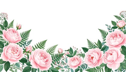 Soft pink roses and green ferns frame a white space