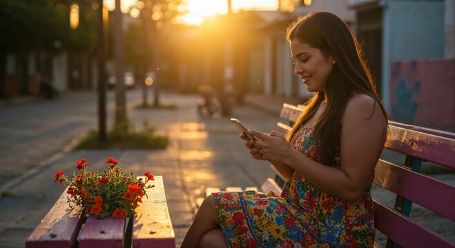 Golden Hour Serenity: A woman engrossed in her phone enjoys the warm embrace of the golden hour, seated gracefully on a bench adorned with vibrant flowers. - Powered by Adobe
