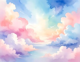 Soft watercolor painting depicts a dreamy sky filled with pastel clouds