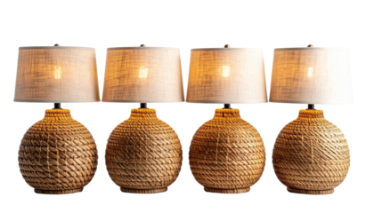  Four Woven Rattan Table Lamps with Linen Shades Isolated on White Background