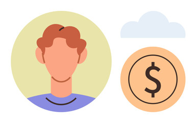 Person icon with red hair beside a dollar coin and cloud. Ideal for finance, digital platforms, economy, wealth, savings, cloud computing, innovation, simple flat metaphor