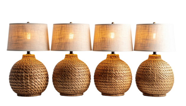  Four Woven Rattan Table Lamps with Linen Shades Isolated on White Background