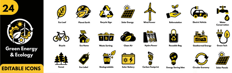 Green Energy & Ecology Vector Icons. Set for sustainable living, environmental protection, renewable resources, solar power, wind energy, and recycling initiatives