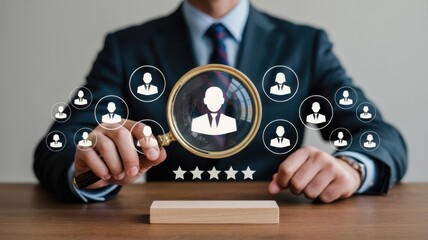 Business professional focuses on individual profile using a magnifying glass amidst digital user icons