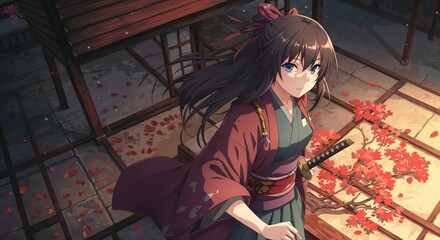 The Warrior's Gaze: A captivating anime-style depiction of a female warrior stands poised, exuding a sense of determination and strength in an atmosphere of ancient aesthetics.