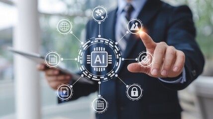 Business professional interacts with a glowing artificial intelligence interface featuring multiple connected digital functions